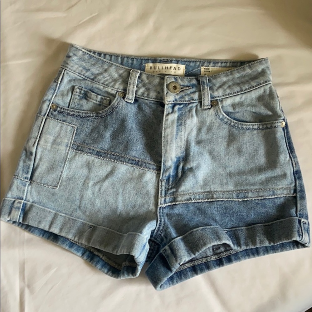 Patchwork denim mom shorts